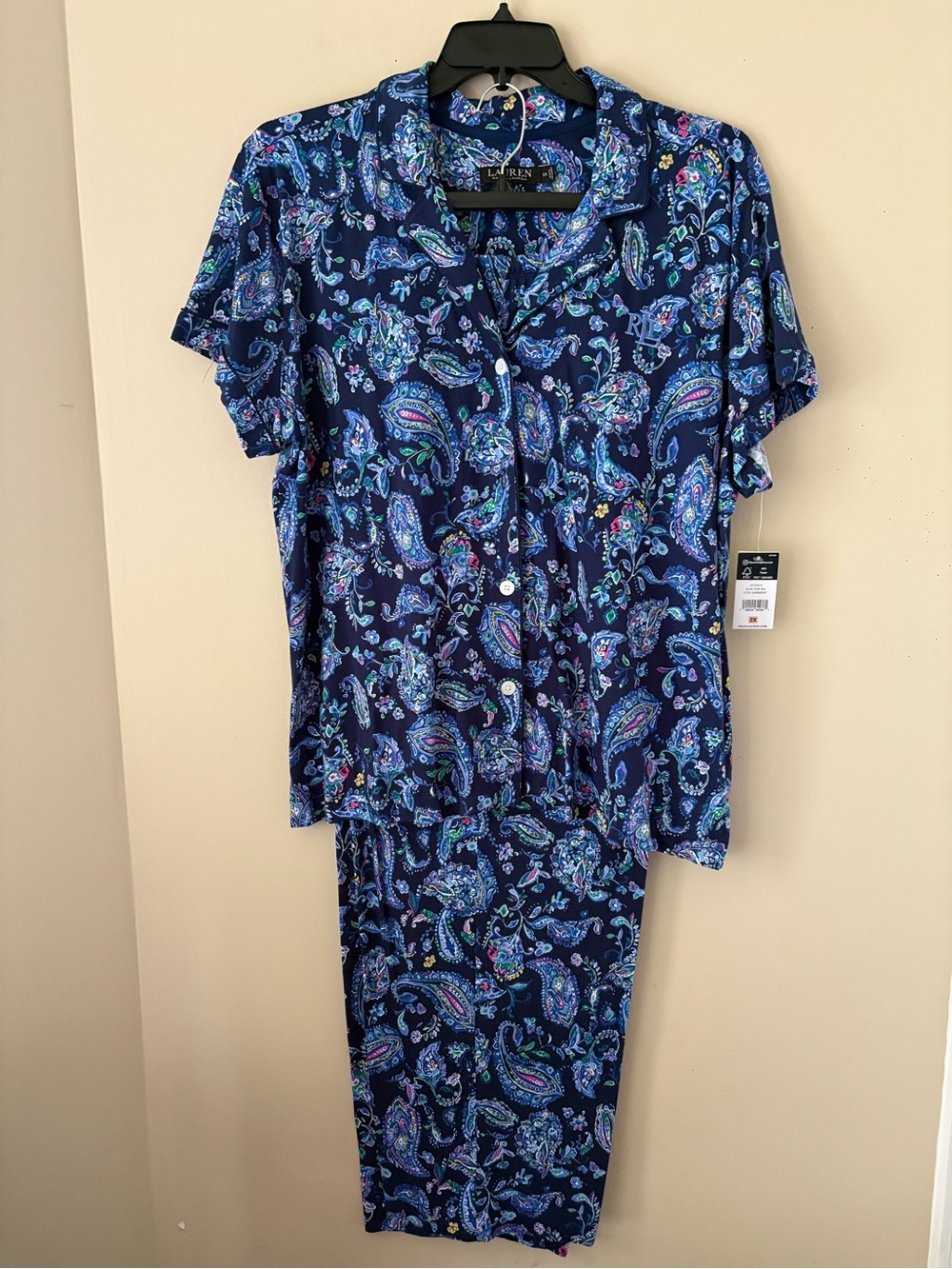 Ralph Lauren Navy Blue Paisley Short-Sleeve Pajama Set Sz.2X New